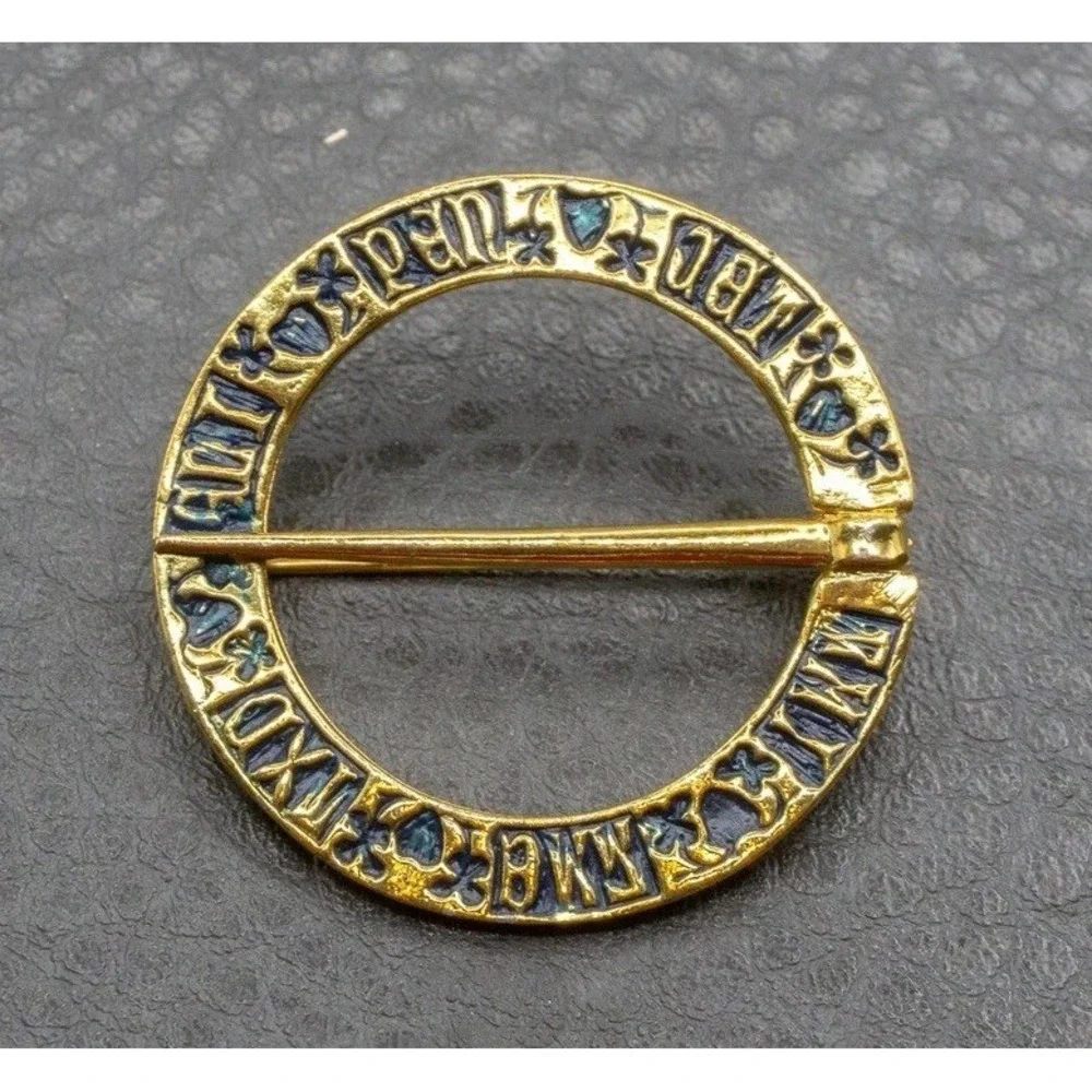 Vintage Medieval Style Irish Gold Tone Blue Enamel Circle Annular Brooch Pin